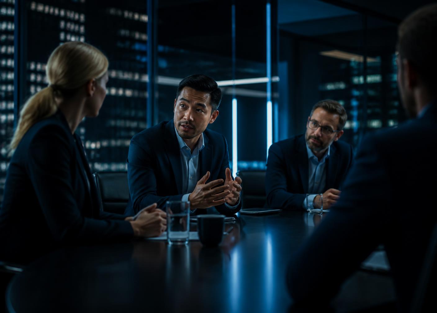 Executive leadership team in discussion in a boardroom