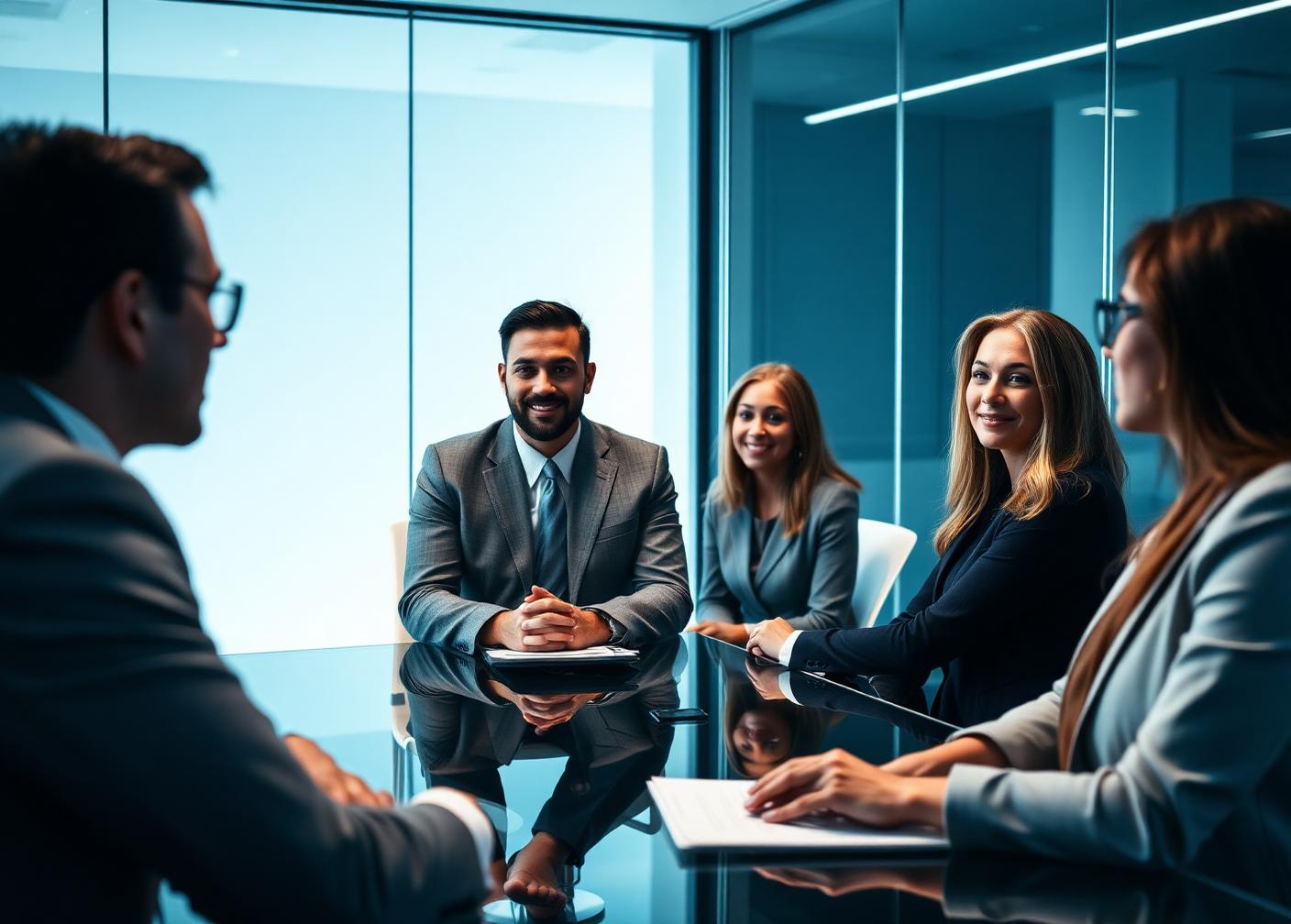 Hiring panel interviewing a candidate in a modern glass meeting room