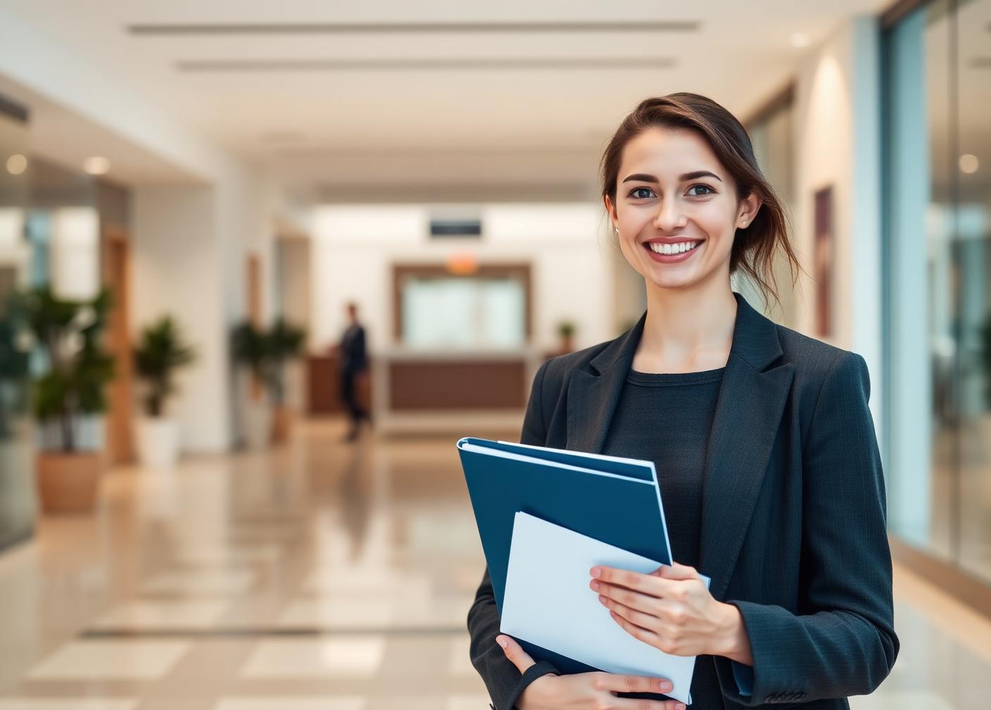 Professional job seeker smiling while holding a portfolio in an office lobby